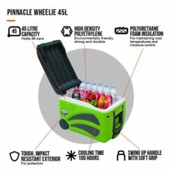 Vango Pinnacle 45L Wheelie Cooler - 100 Hr -Fiama Camping Shop pinnacle wheelie 45l infographic lo